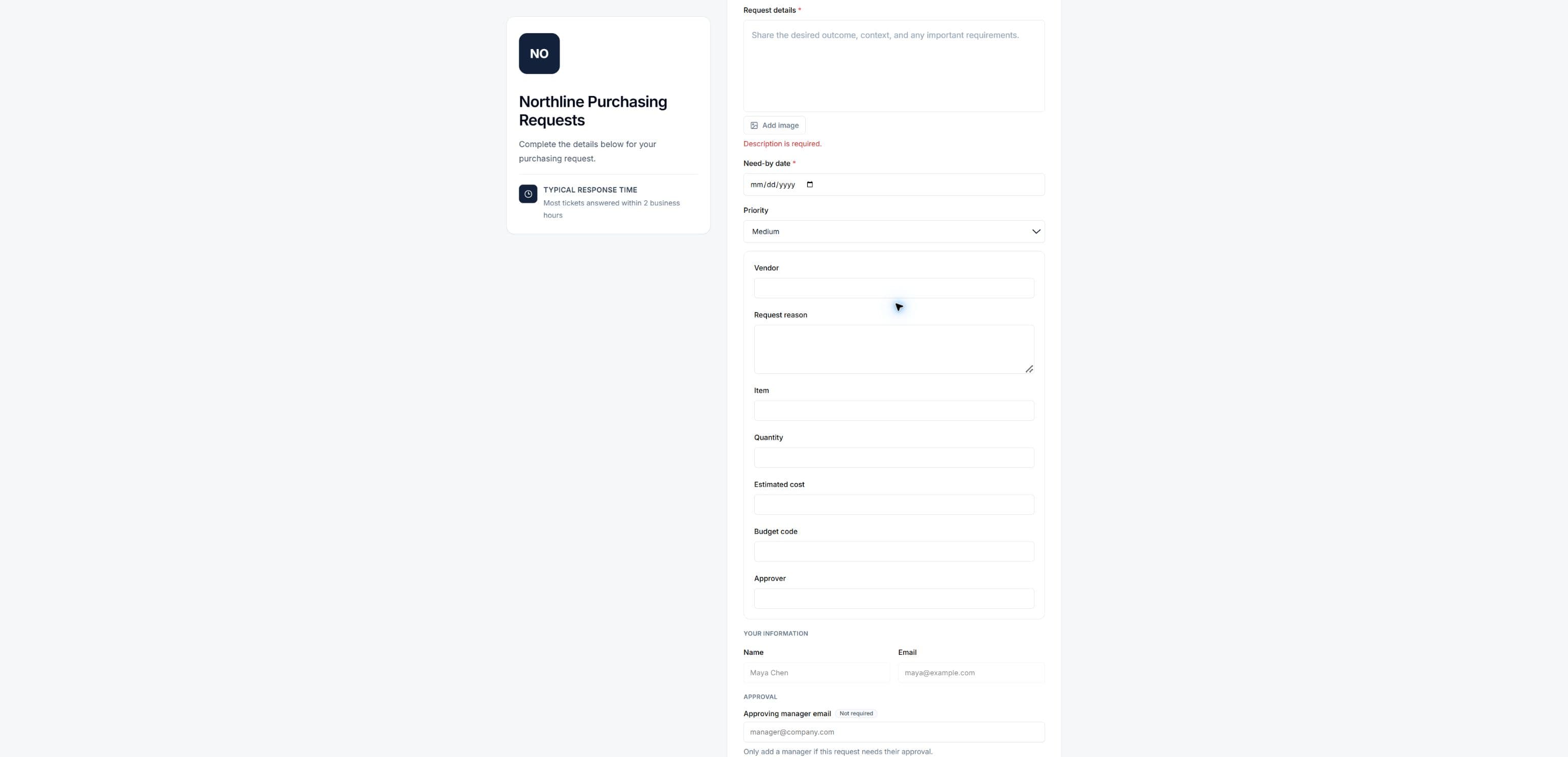 Real purchasing portal created by Copilot from an uploaded form in a fictional demo workspace