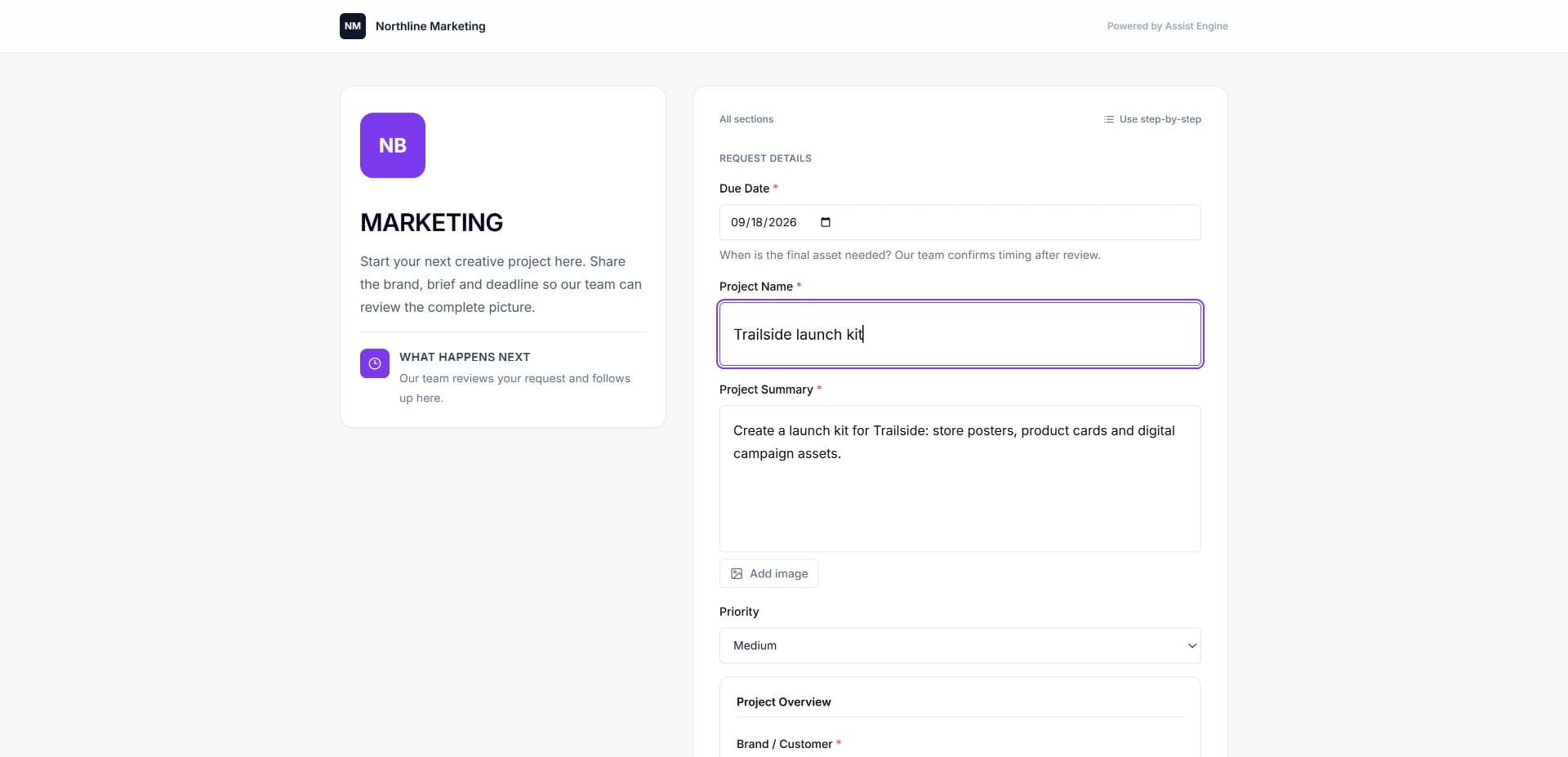Creative request portal with structured fields and a requested date
