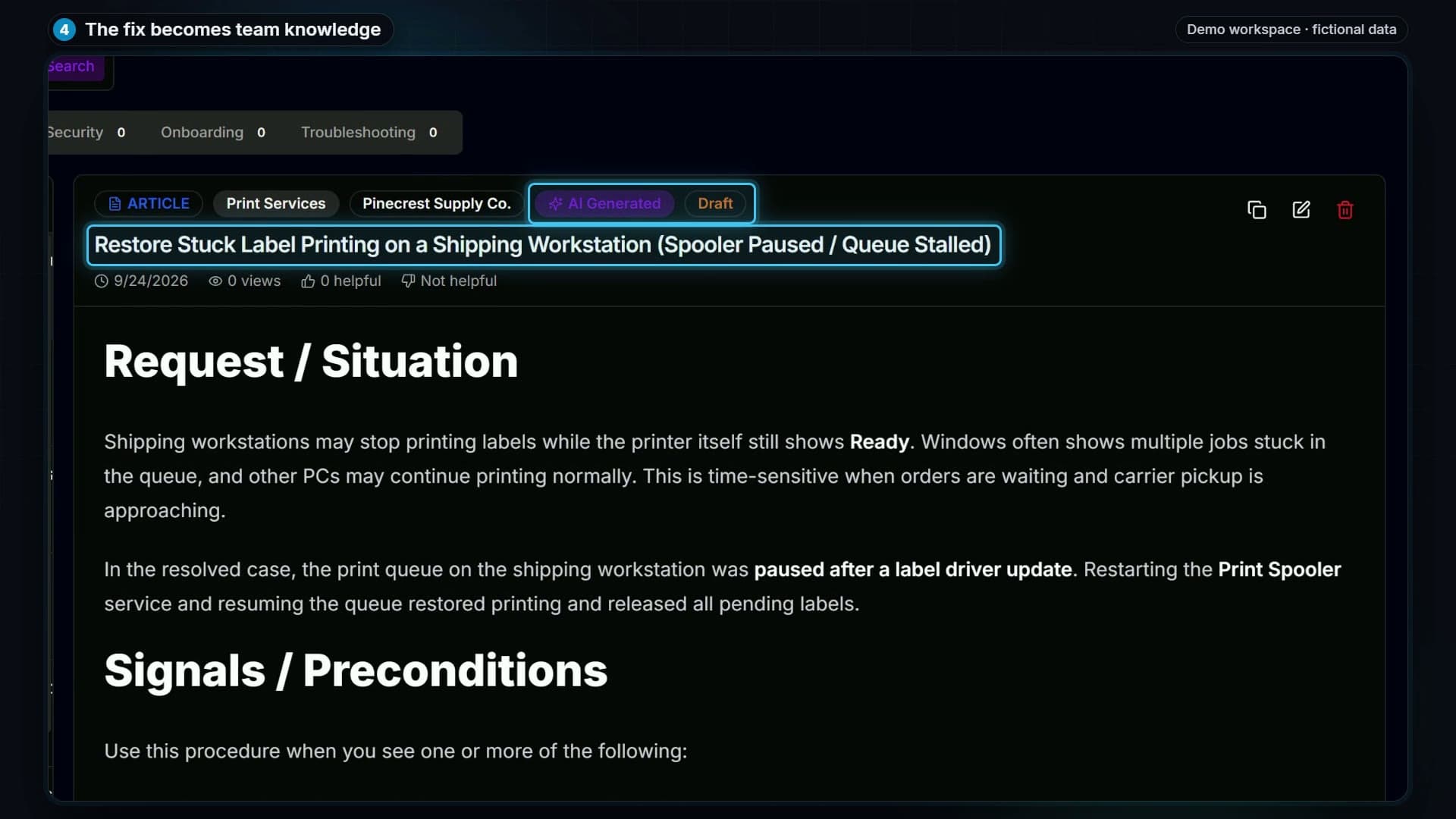 Knowledge-base article marked as an AI-generated draft
