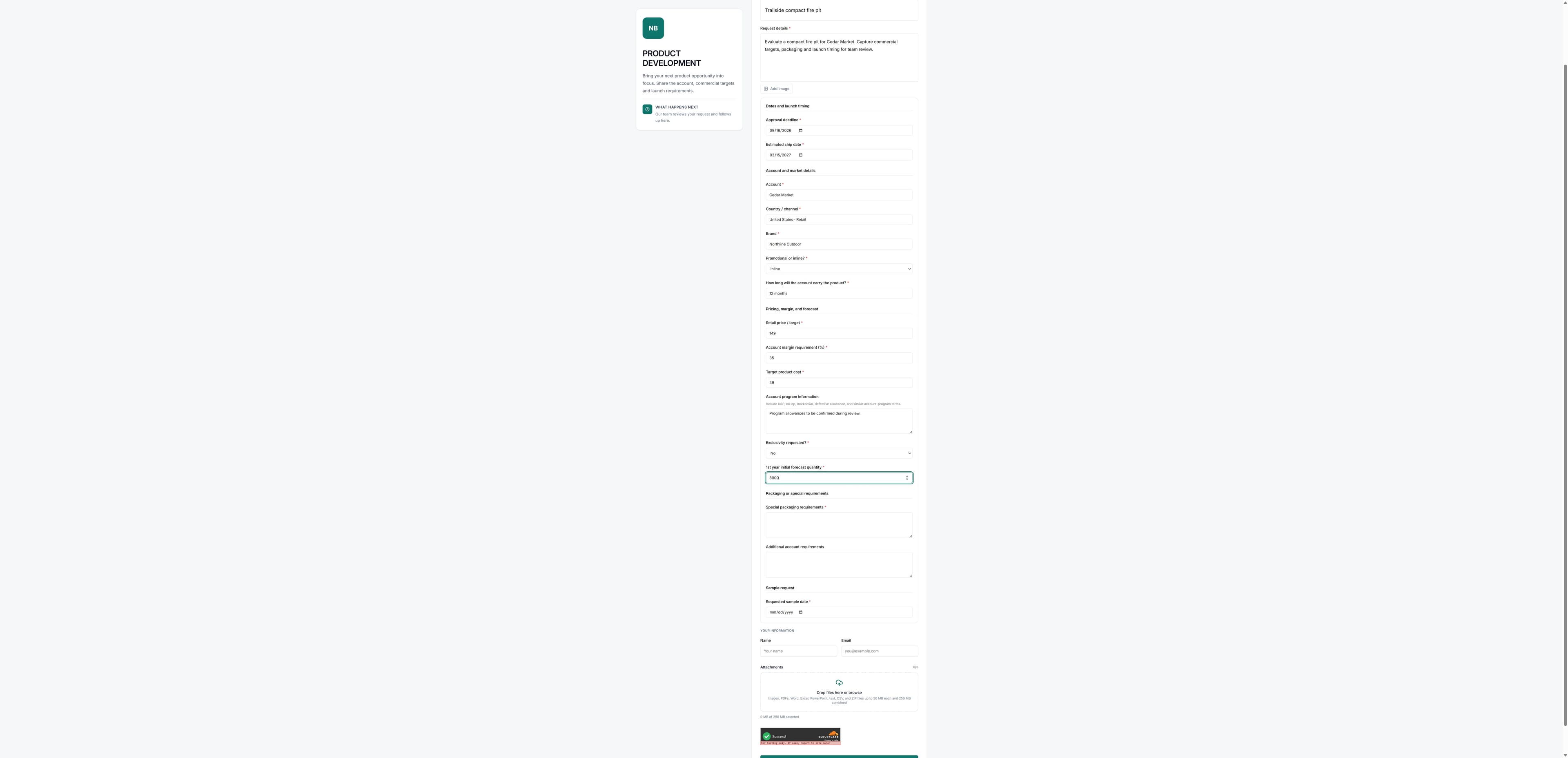 A configured physical product demo form with commercial targets, packaging, and sample dates