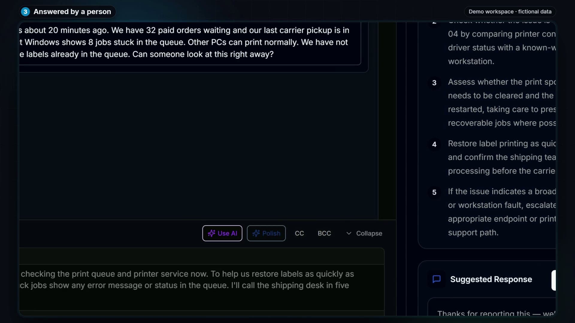 A technician reviewing and sending a reply in the real Assist Engine demo