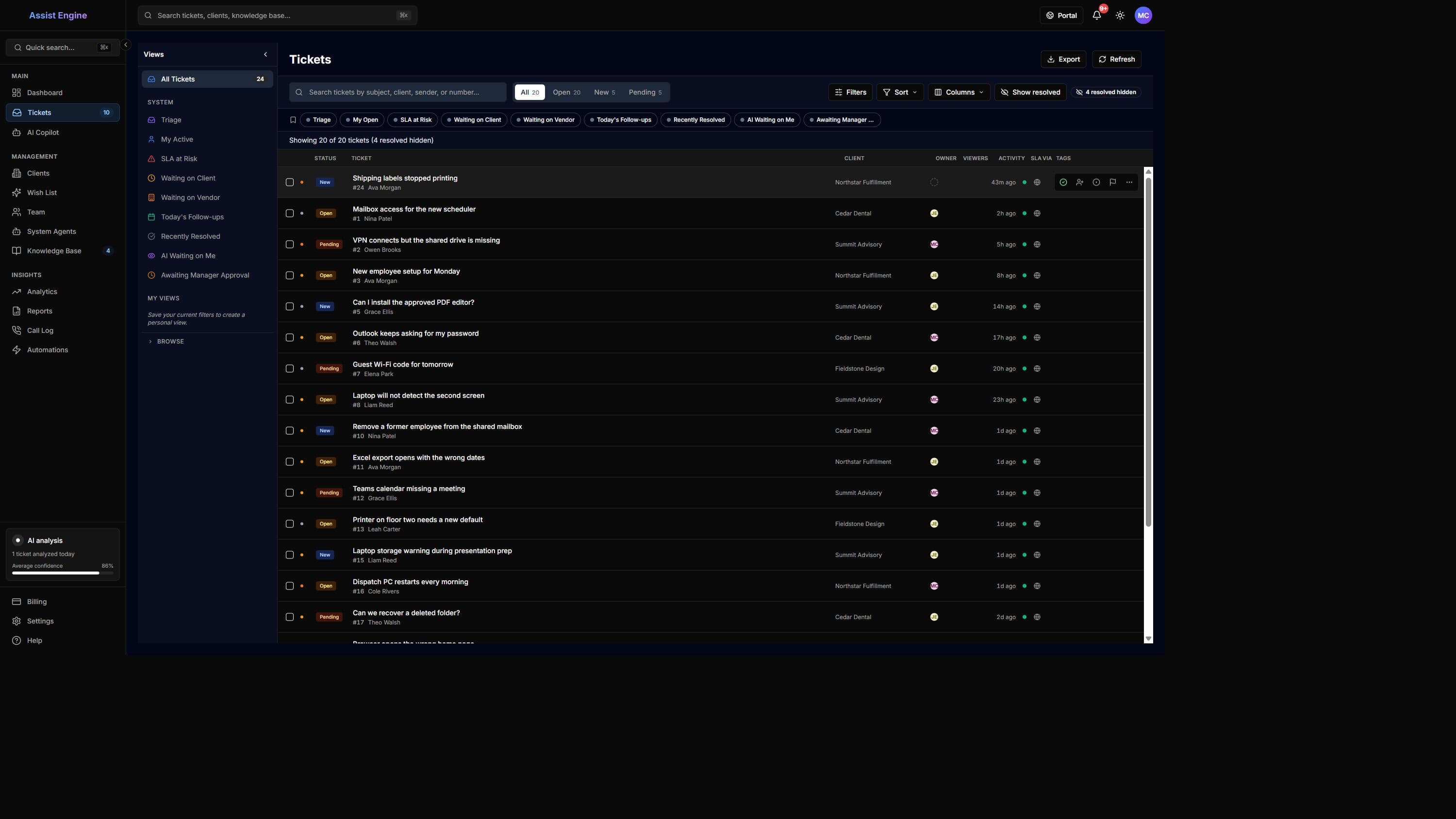 Shared request queue with client, owner, and status