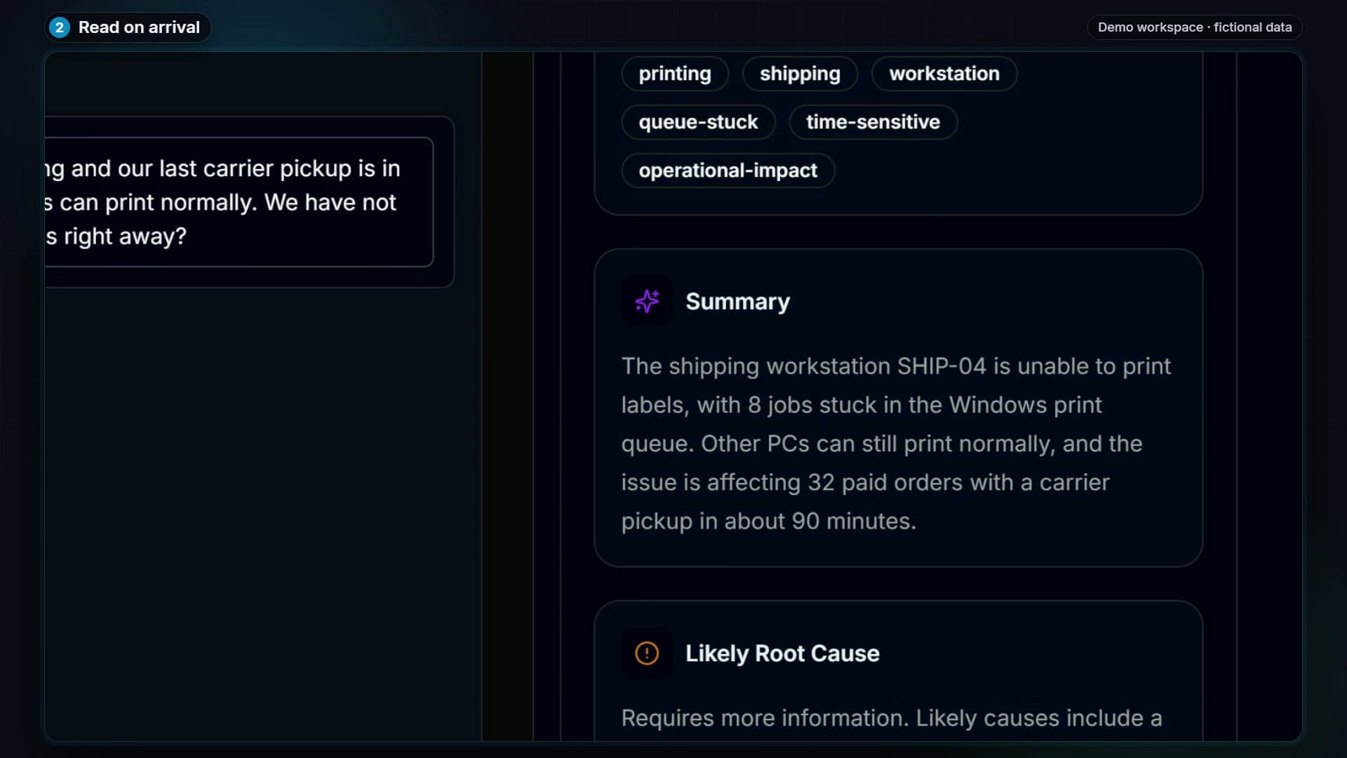 Real product view: AI summarizes a support request and its business impact